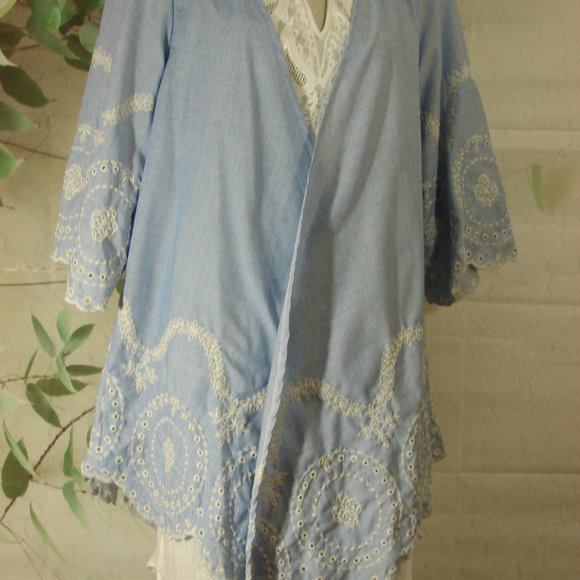 Lt Blue White Embroidered Kimono Jacket Boho Cover up Summer Lt Weight Beach S/M - Picture 12 of 15